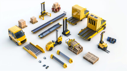 Material Handling Equipment: Equipment such as conveyors and pallet jacks for moving materials isolated on white background