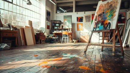 Fototapeta premium Sunlit art studio with scattered paint and canvas on easel