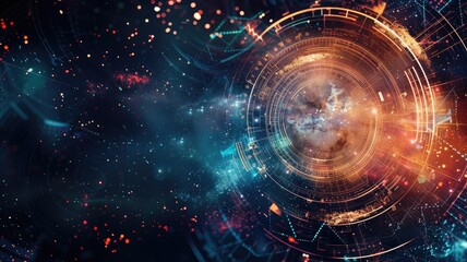 Futuristic interface with digital data and galaxy background
