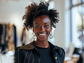 Fototapeta premium Black Female Fashion Designer Smiling while Working on Designs in Studio