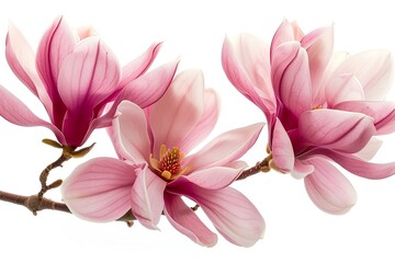 Obraz premium Two pink flowers on a branch against a white background
