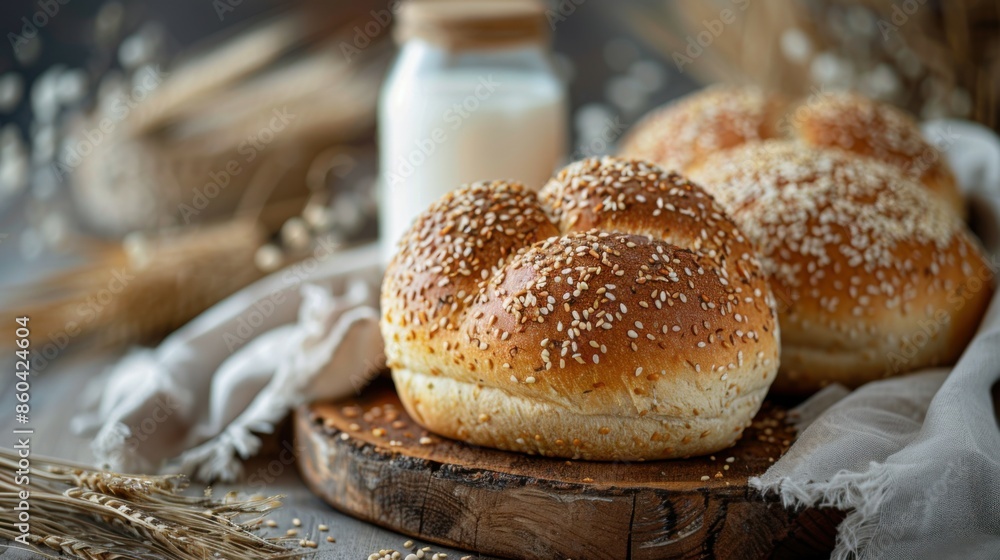 Wall mural Breakfast with freshly baked round sesame bread and milk