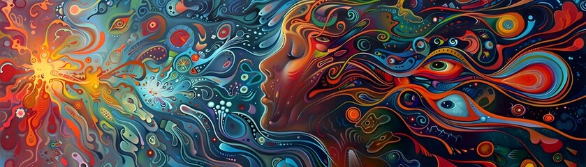 Abstract colorful art with faces and eyes.