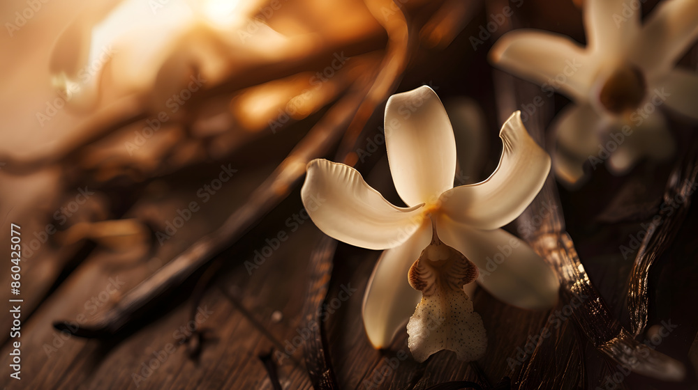 Poster vanilla flowers and pods close up vanilla beans over wooden background macro shot aromatic condiment