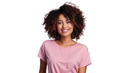Portrait of a beautiful smiling African American woman with afro hair, isolated on transparent background