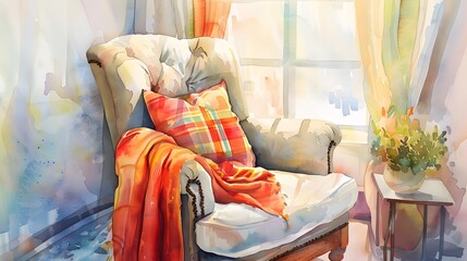 Watercolor Painting of an Armchair with a Plaid Pillow.