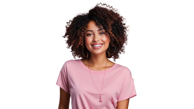 Portrait of a beautiful smiling African American woman with afro hair, isolated on transparent background