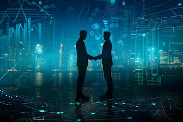 Silhouetted handshake of businessmen with global network and digital cityscape