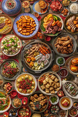 Fototapeta premium Vibrant Chinese Banquet Table: Digital Collage of Traditional Dishes in a Festive Setting
