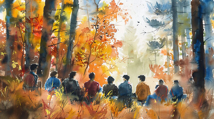 The image shows a group of people sitting in a circle in a forest