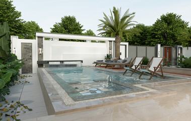 3D illustration of house with swimming pool and biocimlatic pergola. Front view of villa with palm trees and whirlpool.
