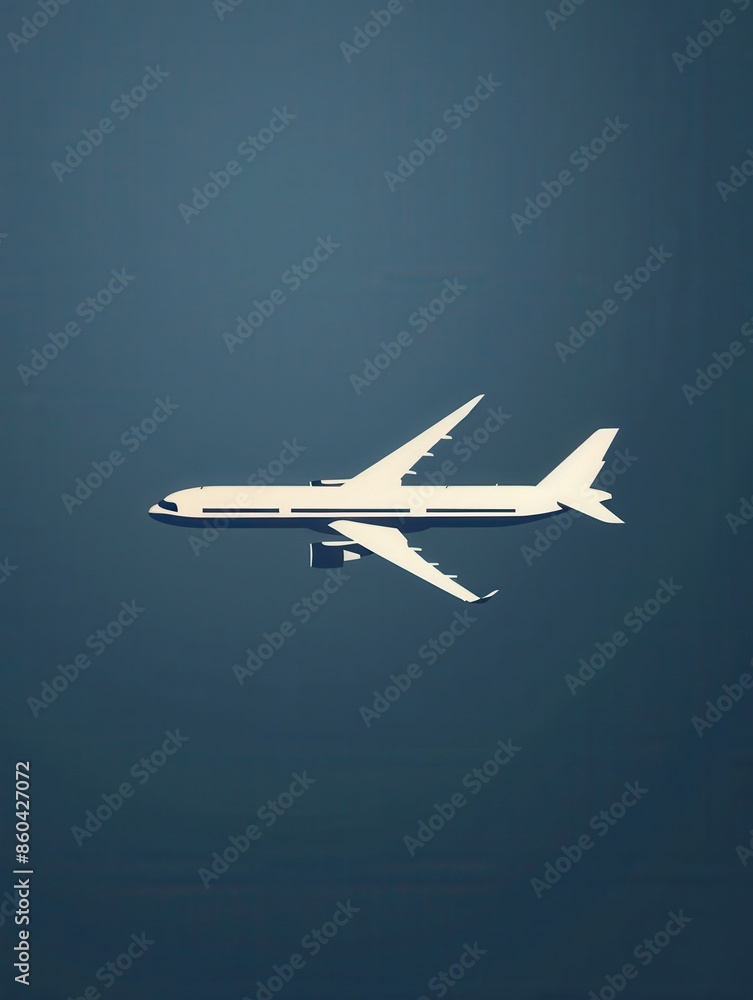 Poster a minimalistic silhouette of an airplane in flight, against a blue sky. perfect for use by airlines 