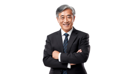 Portrait Asian senior businessman arms crossed standing, Happy business people isolated on transparent background