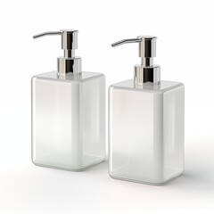 Obraz premium Two transparent square soap dispensers with a silver pump on a white background 3D rendering for product advertising