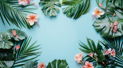 Fototapeta premium Tropical Leaves Border: Exotic Floral Frame on Light Blue