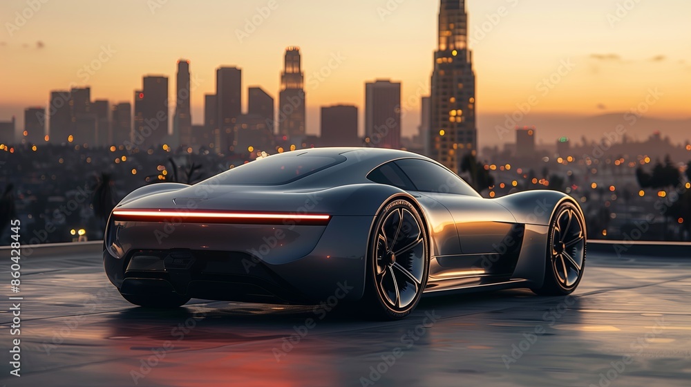 Wall mural luxury electric car parked in front of a modern cityscape at sunset