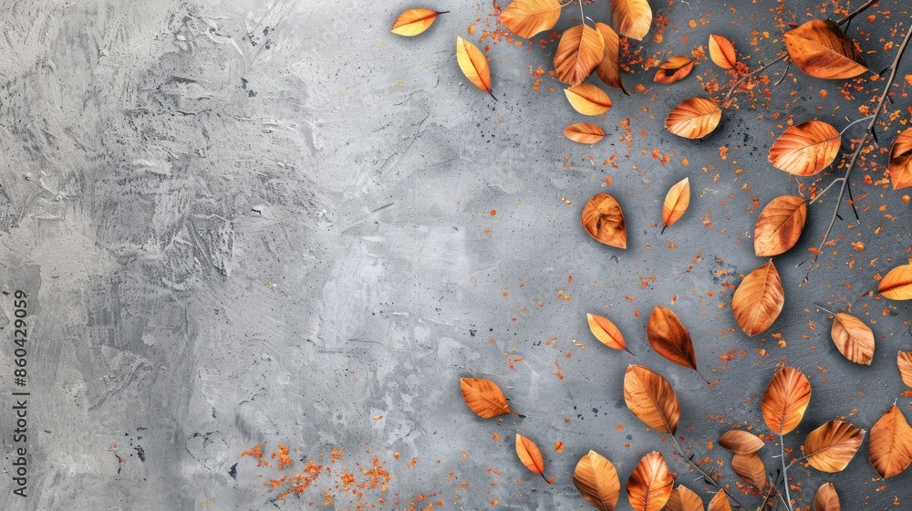 Poster autumn foliage on gray backdrop in vertical layout with space for text