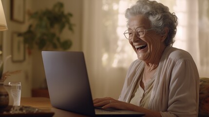 An elderly woman laughs while using a computer at home, providing a sense of joy and comfort with technology in later life