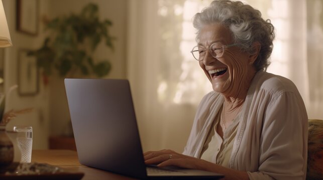 An elderly woman laughs while using a computer at home, providing a sense of joy and comfort with technology in later life
