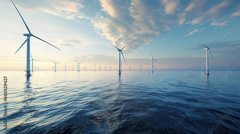 Poster offshore wind farm turbines in vast ocean renewable energy production seascape