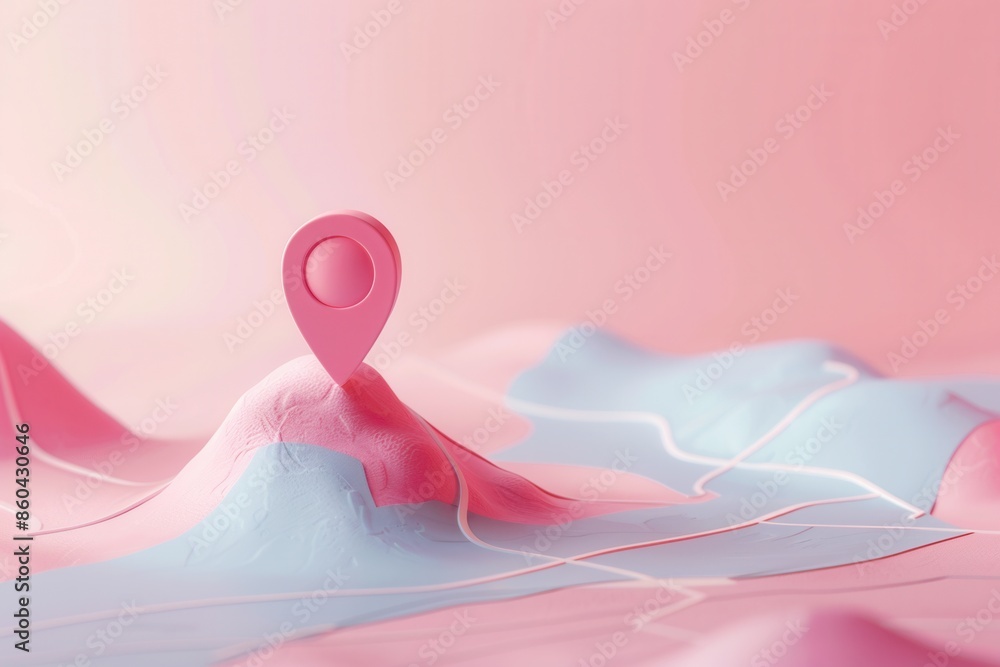 Poster a minimalistic and clean image of a pink location pin standing on a stylized map with a modern aesth