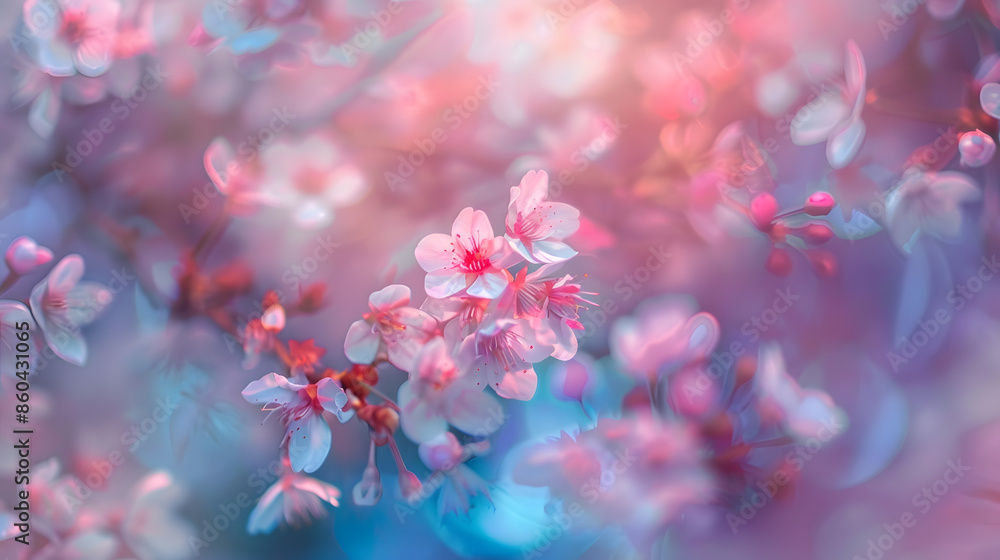 Poster cherry blossom sakura flowers abstract blurred wide background of spring blossoms tree selective foc