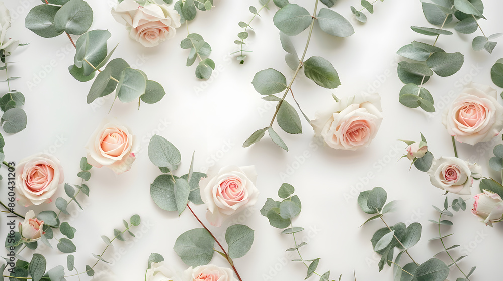 Poster flowers composition made of rose flowers and eucalyptus branches mock up with flowers flat lay top v