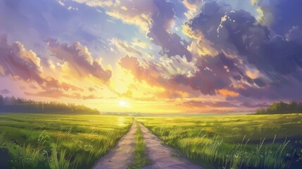 Fototapeta premium panoramic view of beautiful summer rural landscape with green field empty road and sunset cloudy sky digital painting