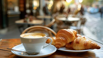 parisian breakfast with coffee and croissants on bistro terrace early morning ambiance photography