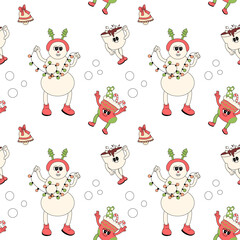 Happy new year pattern with y2k elements. Groovy characters background with santa, snow ball, xmas tree, gifts. Christmas groovy hippie pattern with retro characters in 60s, 70s, y2k style