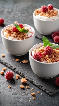 Delicious raspberry yogurt parfait in white bowls with granola and mint garnishes on slate background.