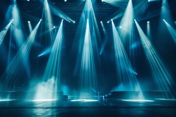 A dramatic concert stage setup with powerful lighting beams and fog effects, creating a mesmerizing...