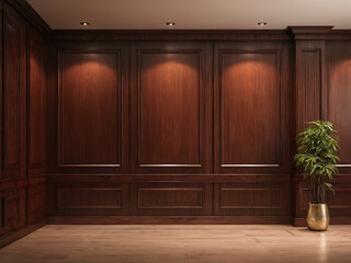 Modern interior design with dark wood paneling and recessed lighting
