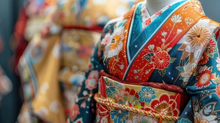 Close-up of colorful traditional Japanese kimonos with intricate patterns and floral designs on display in a store.