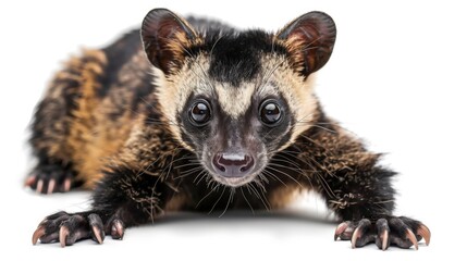 Obraz premium A civet leaning forward and looking ahead, captured on a white background in a studio setting, emphasizing its poised position and distinctive patterns.