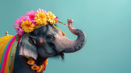 Obraz premium Colorful decorated elephant with vibrant flowers and rainbow ribbons against a bright blue background, celebrating culture and festivity.
