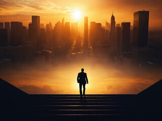 Businessman walking up stairs towards city skyline at sunset