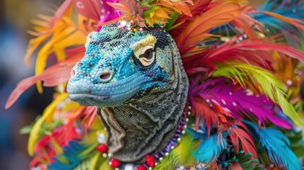 Obraz premium playful komodo dragon decked out in festive rio carnival costume