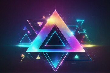 Vibrant abstract neon design with colorful glowing triangles on dark background