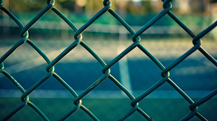 Fototapeta premium Chain-Link Fence with Tennis Court Background, Barrier, Recreation