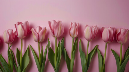 Fototapeta premium Pink tulips flowers on pink background Waiting for spring Happy Easter card Flat lay : Generative AI