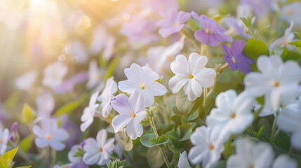 Beautiful tender spring violet white flowers in nature outdoors in form of ultra wide banner format panorama : Generative AI