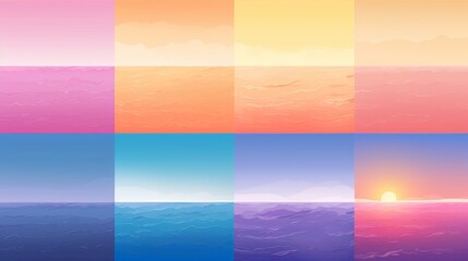 This image captures a colorful sunset over the ocean with a glowing horizon line, showcasing shades of orange, pink, and purple in the sky and reflective waters below.