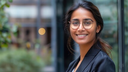Obraz premium portrait of smiling indian businesswoman wearing glasses standing outside office copy space