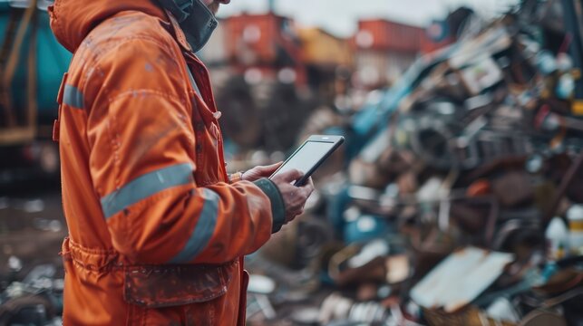 Worker in orange safety jacket using tablet in scrapyard, managing smart technology in recycling environment, industrial outdoors.