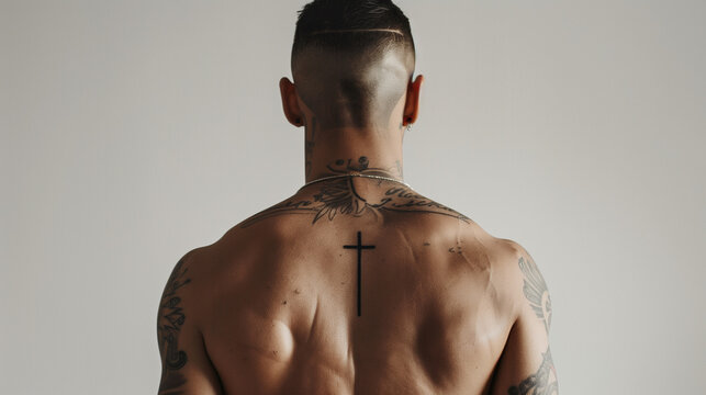 a man with a cross tattoo on his back, Ai generated Images