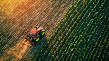powerful tractor cultivating agricultural field symbolizing the essence of farming and plant growth