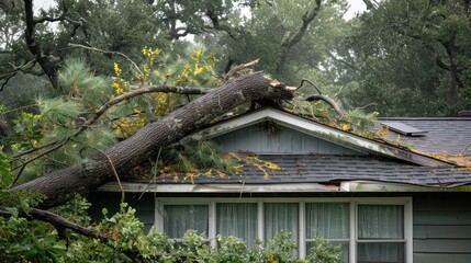 A large tree has fallen onto a house, causing significant damage to the roof. Storm damage aftermath with dense trees in the background.