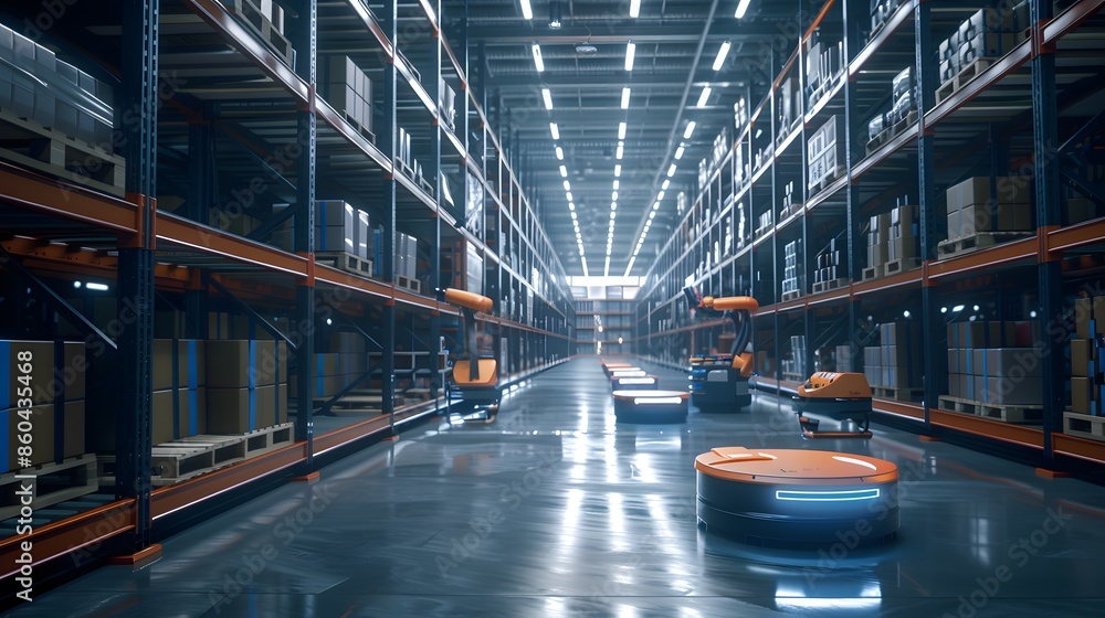 Poster automated warehouse with autonomous robots and storage shelves
