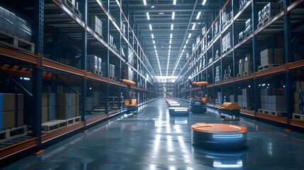 Fototapeta premium Automated Warehouse with Autonomous Robots and Storage Shelves